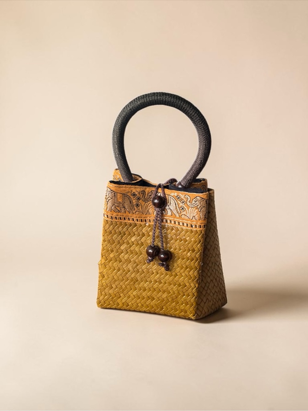 Handwoven Rattan Mini Tote Bag with Elephant Print Fabric Trim - Mustard Color